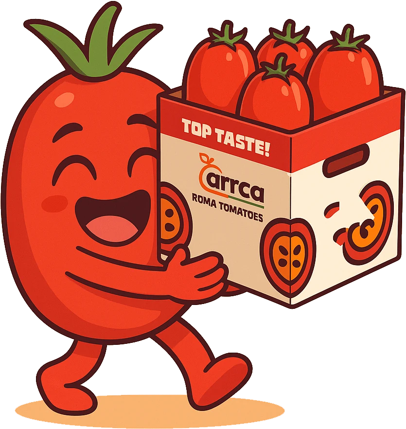Tommy carrying a box of Arrca Roma tomatoes