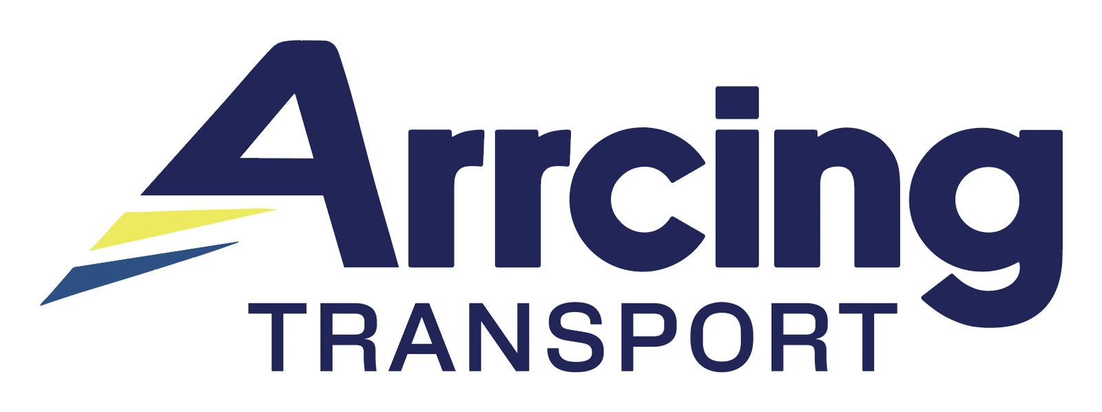 Arrcing Transport logo: a bold navy wordmark with a yellow and blue speed mark on the A